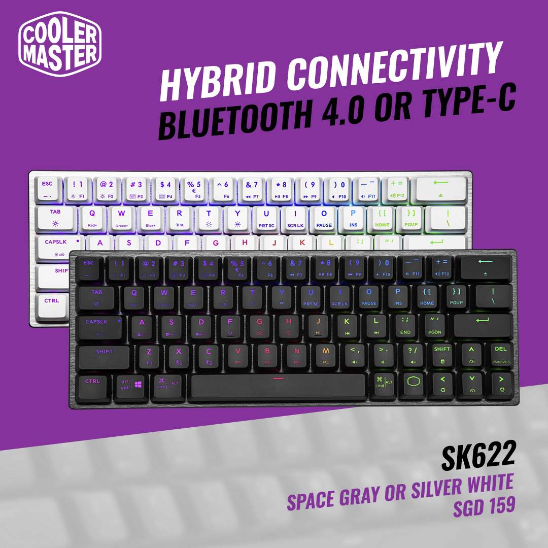 Cooler Master SK622 60% Wireless Bluetooth Silver/White Mechanical Low  Profile Gaming Keyboard, Click Blue Switches, Customizable RGB, Ergonomic