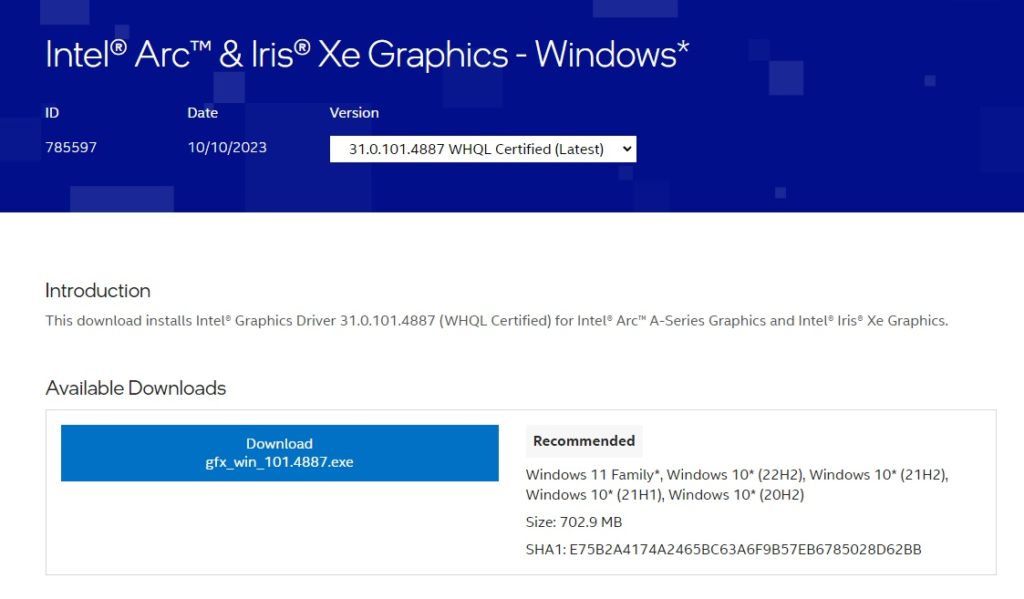 Intel Arc GPU Driver 4887 WHQL