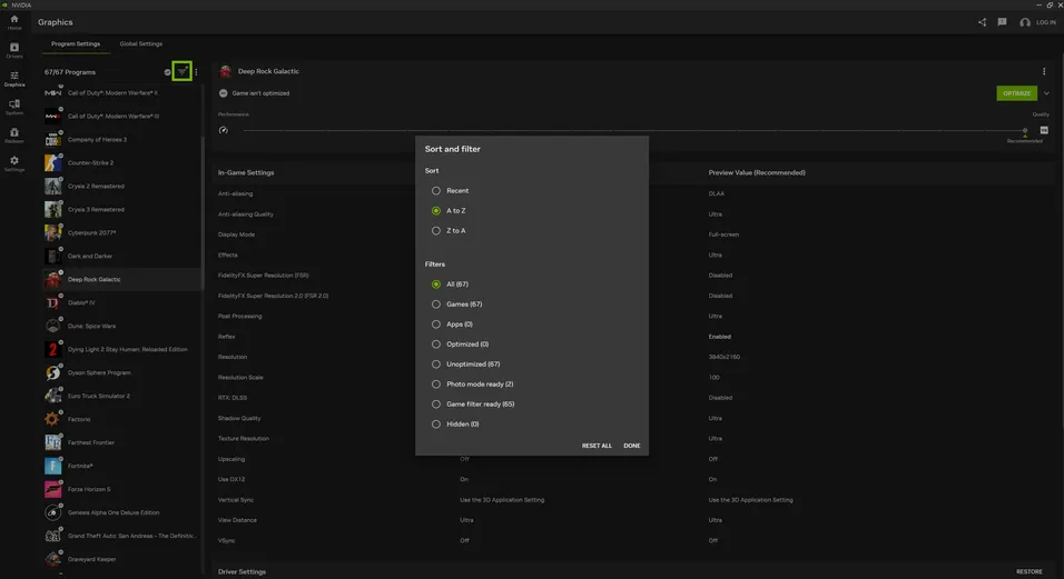NVIDIA App Program Sort and Filter